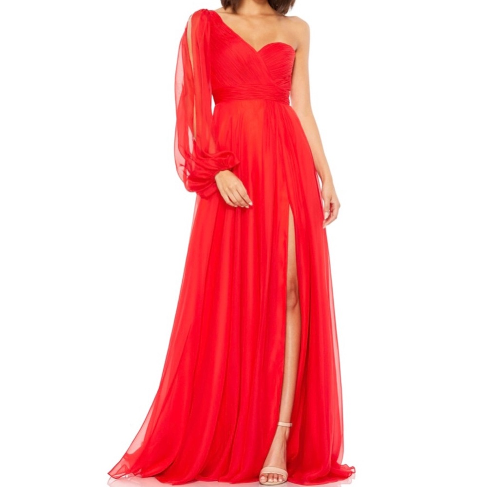 Mac Duggal Flowy One-Sleeve Chiffon Gown
